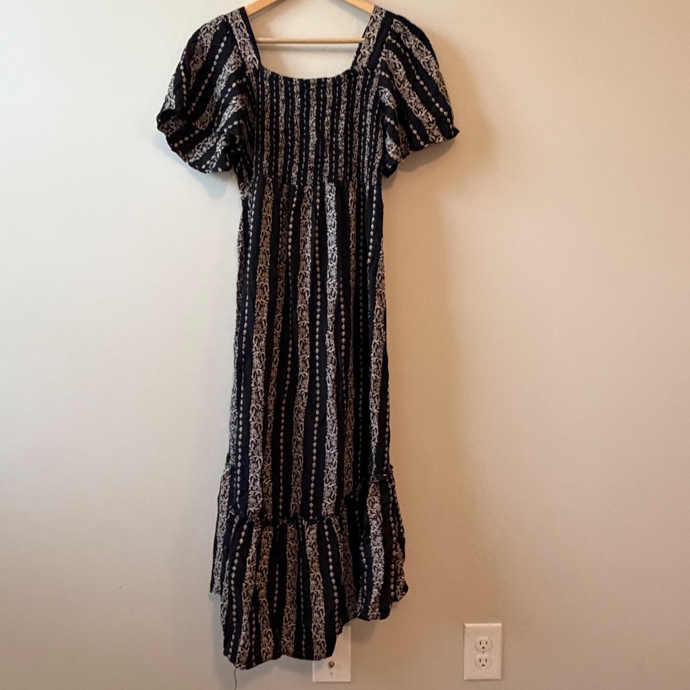 Angie Black Cream Floral Stripe Twist Front Smocked Puff Sleeve Midi Dress XL - Picture 2 of 3